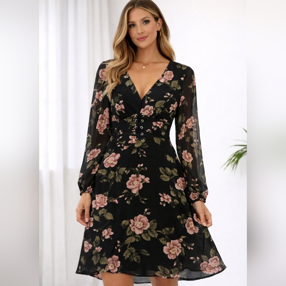 Guess Black Long Sleeve Dress with Pink Floral Design
